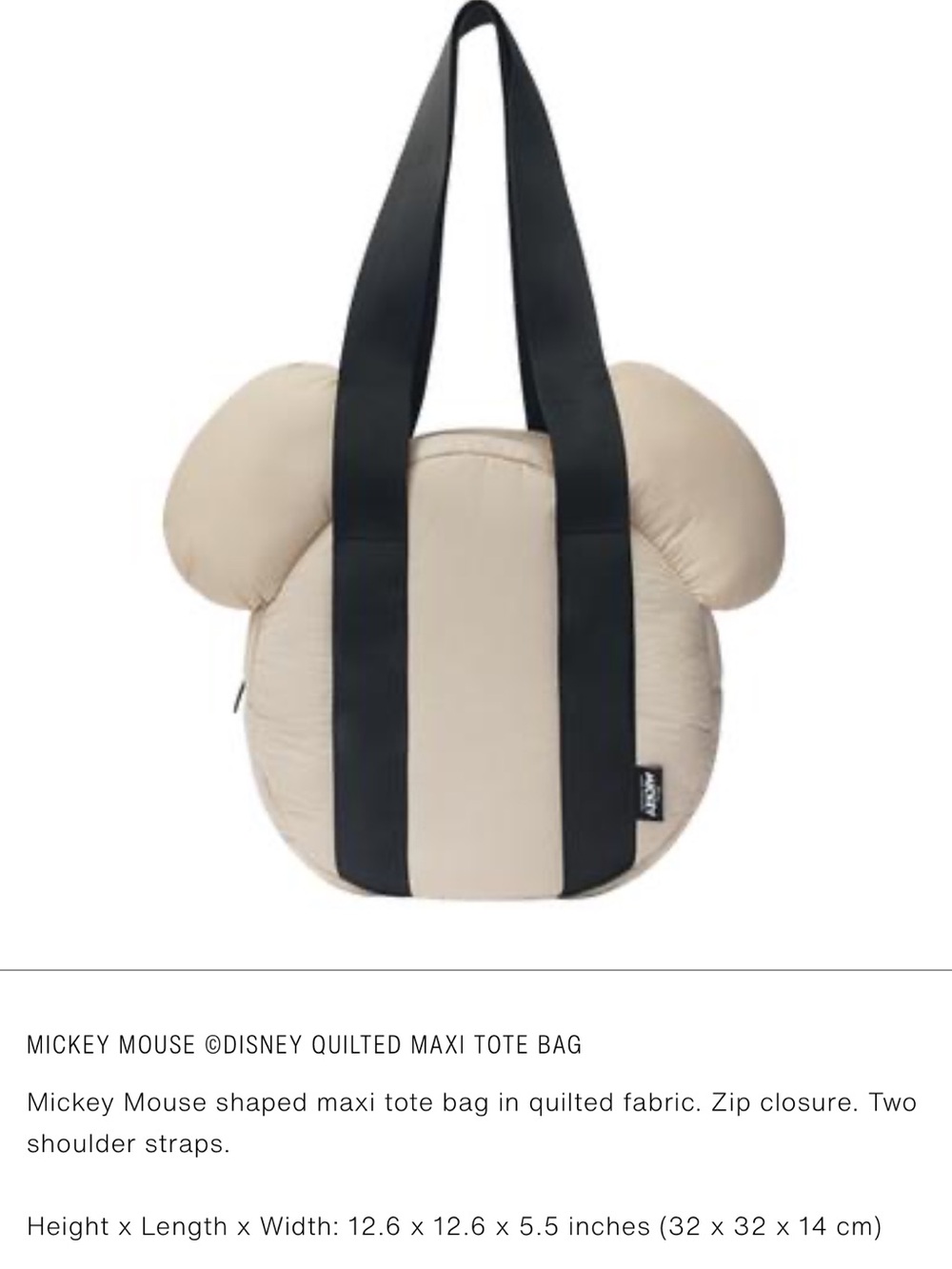 Zara x Mickey Mouse Beige Puffer Tote Bag with Black Straps